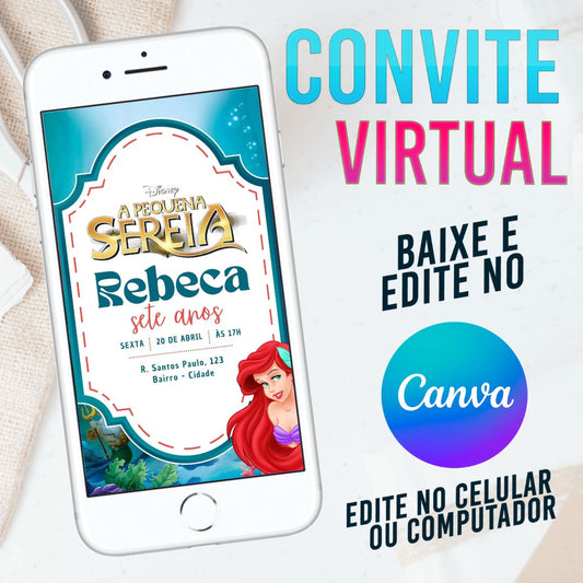 A pequena Sereia convite Editável no Canva. Convite Virtual A pequena Sereia. Convite Virtual A pequena Sereia Template Canva.