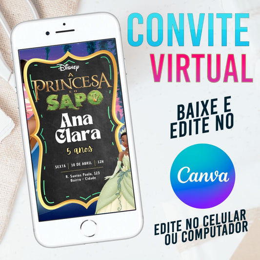 A Princesa e o Sapo convite Editável no Canva. Convite Virtual A Princesa e o Sapo. Convite Virtual A Princesa e o Sapo Template Canva.
