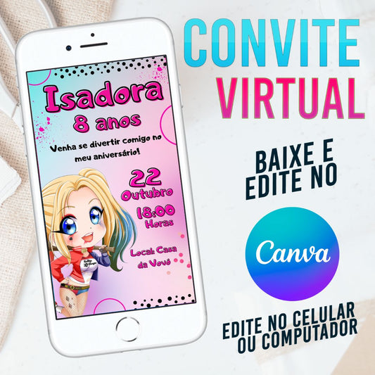 Arlequina convite Editável no Canva. Convite Virtual Arlequina. Convite Virtual Arlequina Template Canva.