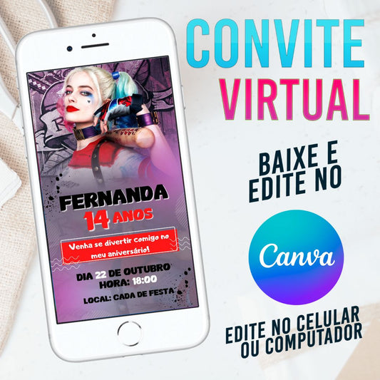 Arlequina convite Editável no Canva. Convite Virtual Arlequina. Convite Virtual Arlequina Template Canva.