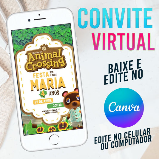 Animal Crossing convite Editável no Canva. Convite Virtual Animal Crossing. Convite Virtual Animal Crossing Template Canva.