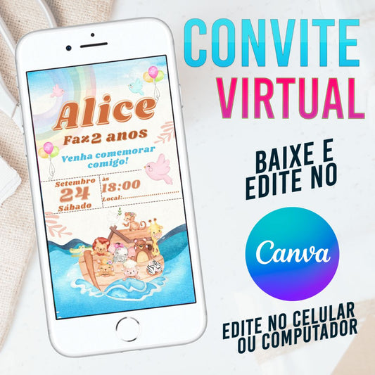 Arca de Noé convite Editável no Canva. Convite Virtual Arca de Noé. Convite Virtual Arca de Noé Template Canva.
