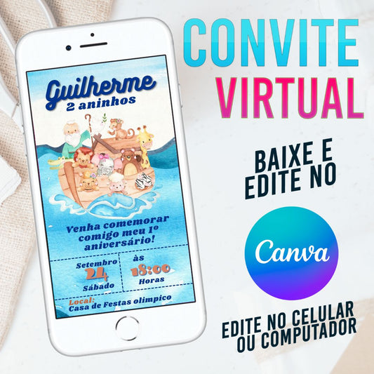 Arca de Noé convite Editável no Canva. Convite Virtual Arca de Noé. Convite Virtual Arca de Noé Template Canva.