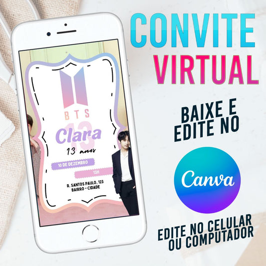 BTS convite Editável no Canva. Convite Virtual BTS. Convite Virtual BTS Template Canva.