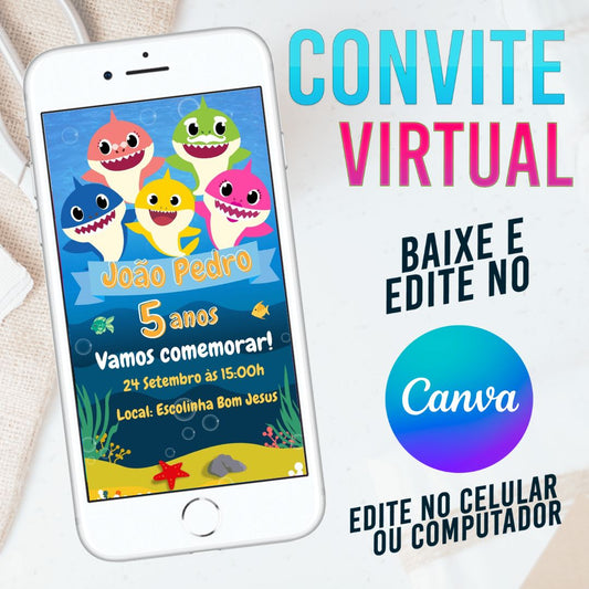Baby Shark convite Editável no Canva. Convite Virtual Baby Shark. Convite Virtual Baby Shark Template Canva.