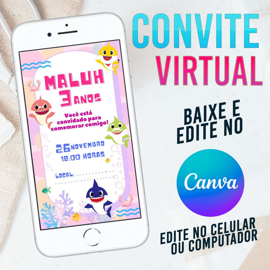 Baby Shark convite Editável no Canva. Convite Virtual Baby Shark. Convite Virtual Baby Shark Template Canva.