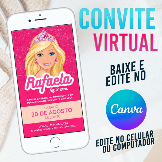Barbie Pink convite Editável no Canva. Convite Virtual Barbie Pink. Convite Virtual Barbie PinkTemplate Canva.