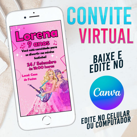 Barbie Pop Star convite Editável no Canva. Convite Virtual Barbie Pop Star. Convite Virtual Barbie Pop Star Template Canva.