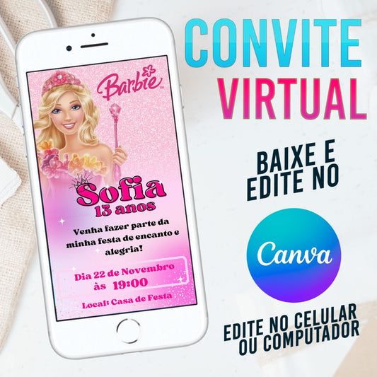 Barbie convite Editável no Canva. Convite Virtual Barbie. Convite Virtual Barbie Template Canva.