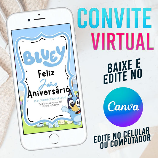 Bluey convite Editável no Canva. Convite Virtual Bluey. Convite Virtual Bluey Template Canva.