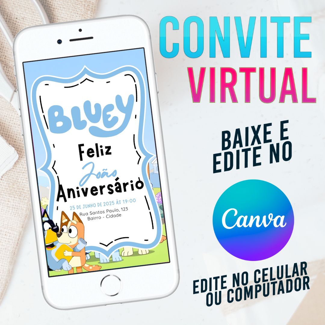 Bluey convite Editável no Canva. Convite Virtual Bluey. Convite Virtual Bluey Template Canva.