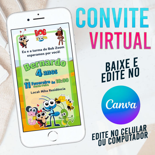 Bob Zoom convite Editável no Canva. Convite Virtual Bob Zoom. Convite Virtual Bob Zoom Template Canva.