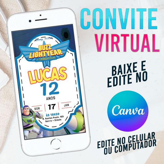 Buzz Lightyear convite Editável no Canva. Convite Virtual Buzz Lightyear. Convite Virtual Buzz Lightyear Template Canva.