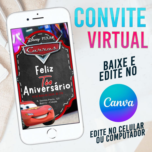 Carros convite Editável no Canva. Convite Virtual Carros. Convite Virtual Carros Template Canva.