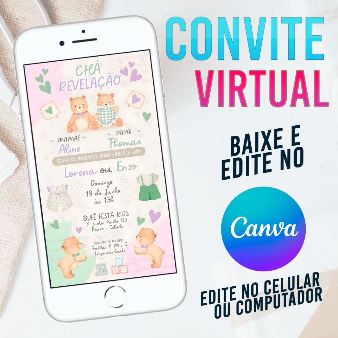 Chá Revelação Ursos convite Editável no Canva. Convite Virtual Chá Revelação Ursos. Convite Virtual Chá Revelação Ursos Template Canva.