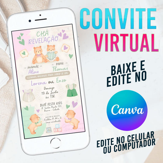 Chá Revelação Ursos convite Editável no Canva. Convite Virtual Chá Revelação Ursos. Convite Virtual Chá Revelação Ursos Template Canva.
