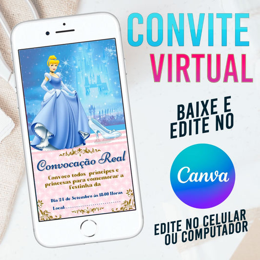 Cinderela convite Editável no Canva. Convite Virtual Cinderela. Convite Virtual Cinderela Template Canva.