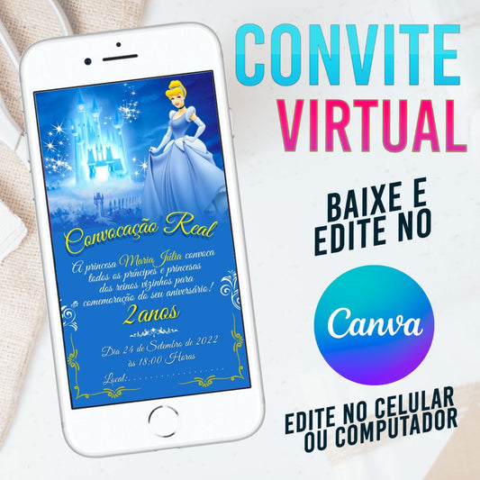 Cinderela convite Editável no Canva. Convite Virtual Cinderela. Convite Virtual Cinderela Template Canva.
