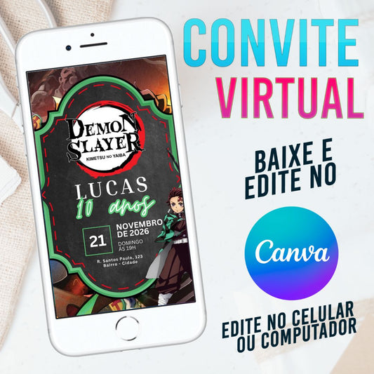 Demon Slayer convite Editável no Canva. Convite Virtual Demon Slayer. Convite Virtual Demon Slayer Template Canva.