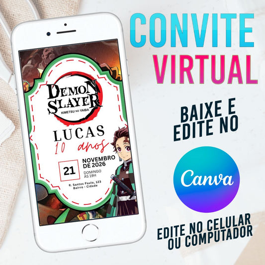 Demon Slayer convite Editável no Canva. Convite Virtual Demon Slayer. Convite Virtual Demon Slayer Template Canva.