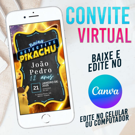 Detetive Pikachu convite Editável no Canva. Convite Virtual Detetive Pikachu. Convite Virtual Detetive Pikachu Template Canva.