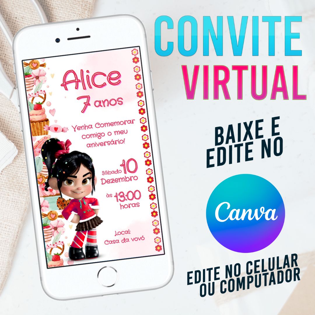 Detona Ralph- Vanellope convite Editável no Canva. Convite Virtual Detona Ralph- Vanellope. Convite Virtual Detona Ralph- Vanellope Template Canva.