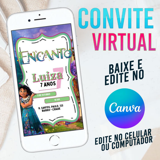 Encanto convite Editável no Canva. Convite Virtual Encanto. Convite Virtual Encanto Template Canva.