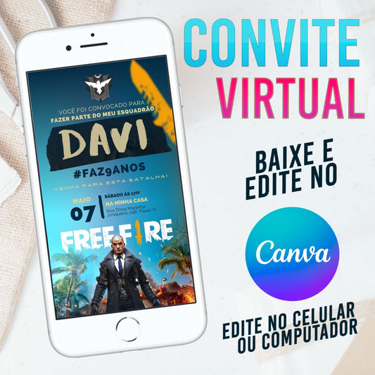 Free Fire convite Editável no Canva. Convite Virtual Free Fire. Convite Virtual Free Fire Template Canva.