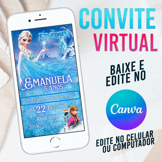 Frozen convite Editável no Canva. Convite Virtual Frozen. Convite Virtual Frozen Template Canva.