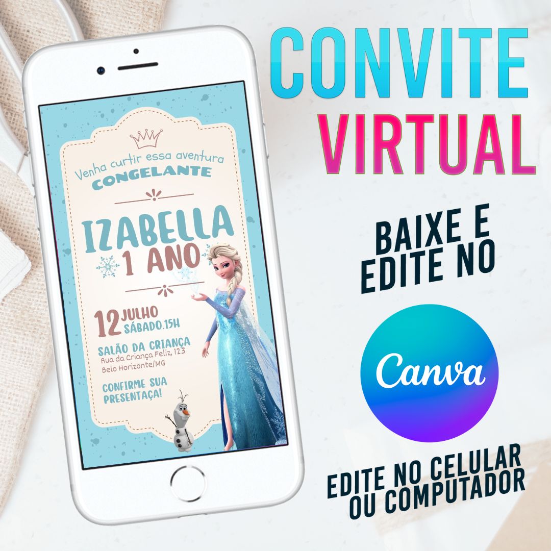 Frozen convite Editável no Canva. Convite Virtual Frozen. Convite Virtual Frozen Template Canva.