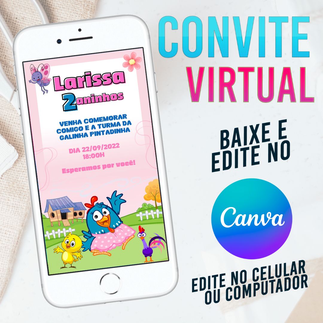 Galinha Pintadinha convite Editável no Canva. Convite Virtual Galinha Pintadinha. Convite Virtual Galinha Pintadinha Template Canva.