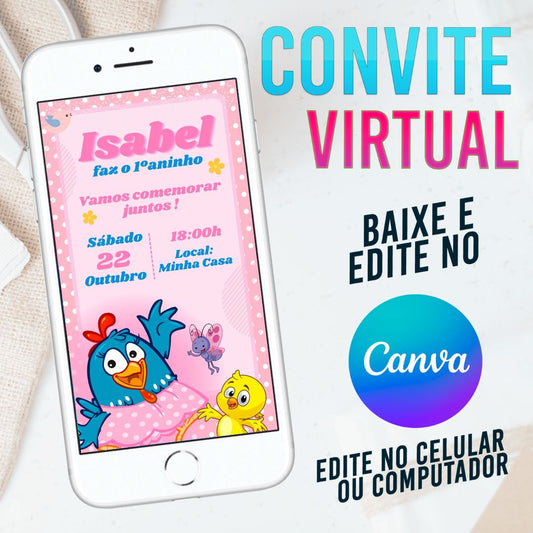 Galinha Pintadinha convite Editável no Canva. Convite Virtual Galinha Pintadinha. Convite Virtual Galinha Pintadinha Template Canva.
