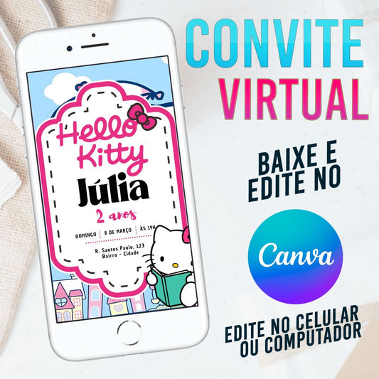 Hello Kitty convite Editável no Canva. Convite Virtual Hello Kitty. Convite Virtual Hello Kitty Template Canva.