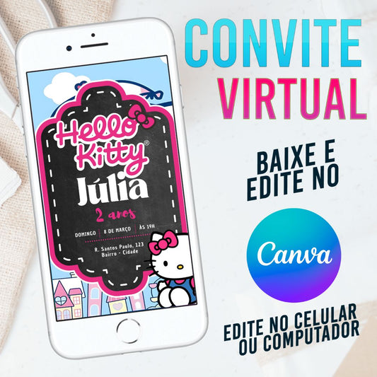 Hello Kitty convite Editável no Canva. Convite Virtual Hello Kitty. Convite Virtual Hello Kitty Template Canva.