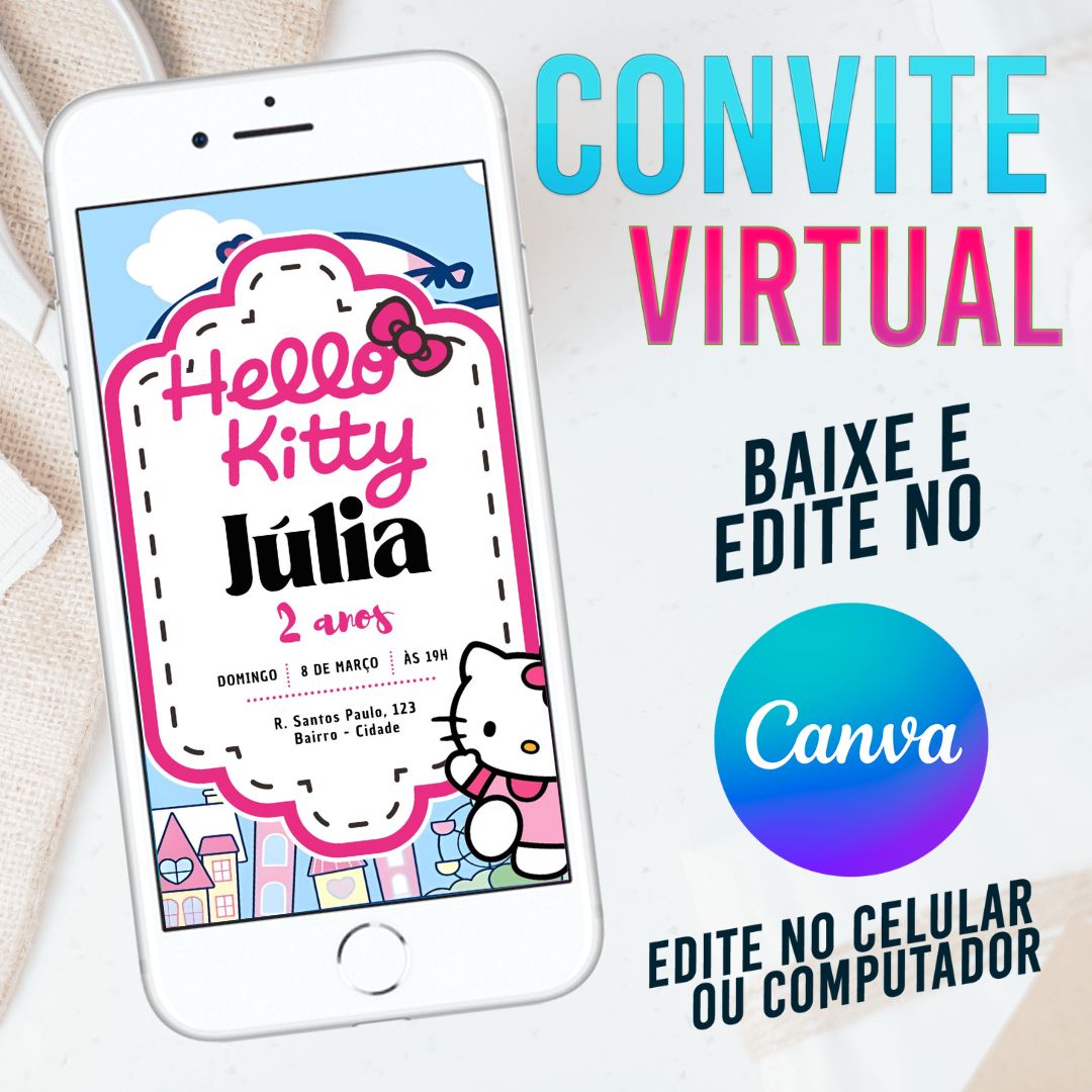 Hello Kitty convite Editável no Canva. Convite Virtual Hello Kitty. Convite Virtual Hello Kitty Template Canva.
