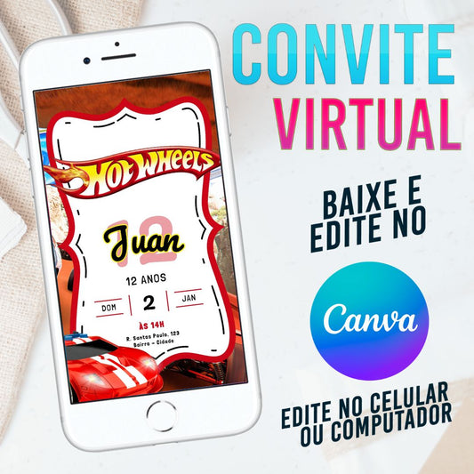 Hotwheels convite Editável no Canva. Convite Virtual Hotwheels. Convite Virtual Hotwheels Template Canva.