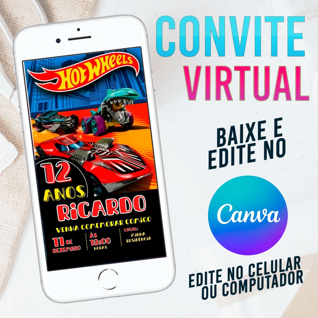 Hotwheels convite Editável no Canva. Convite Virtual Hotwheels. Convite Virtual Hotwheels Template Canva.