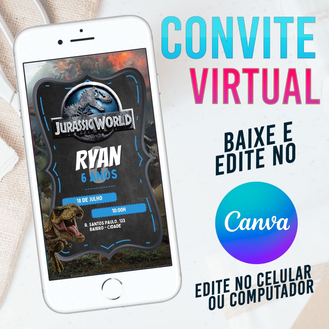Jurassic World convite Editável no Canva. Convite Virtual Jurassic World. Convite Virtual Jurassic World Template Canva.