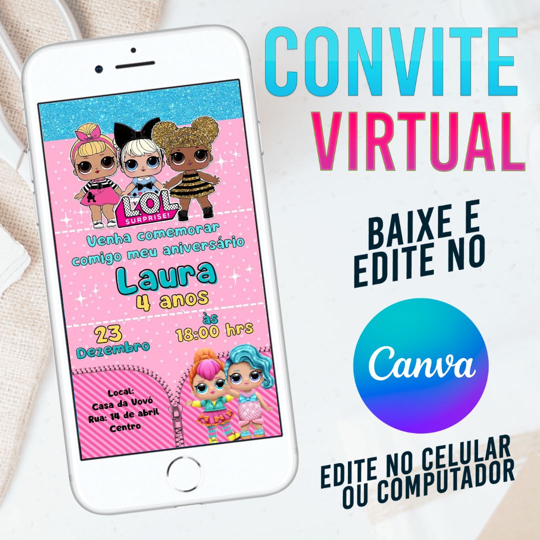 LOL convite Editável no Canva. Convite Virtual LOL. Convite Virtual LOL Template Canva.