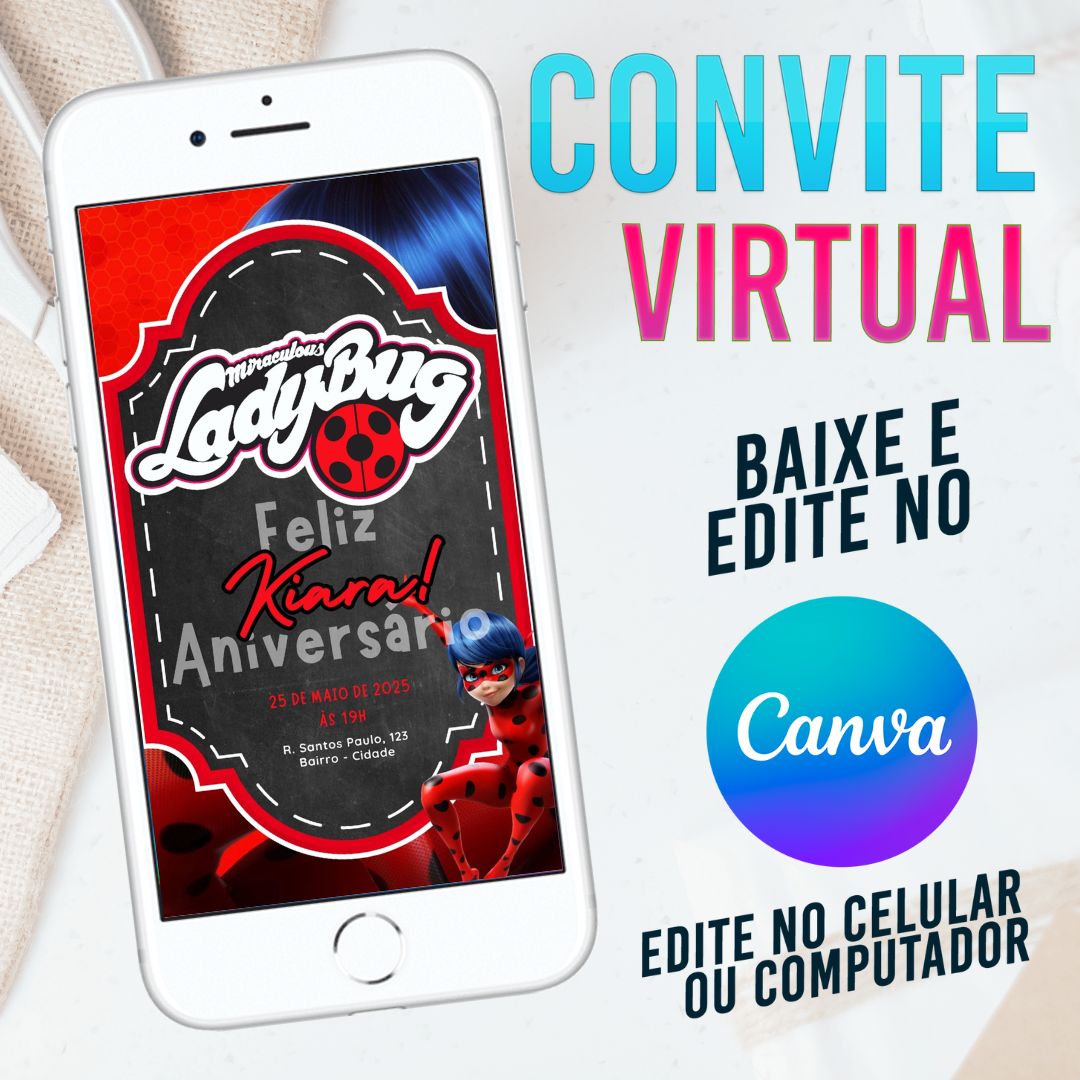 Ladybug convite Editável no Canva. Convite Virtual Ladybug. Convite Virtual Ladybug Template Canva.