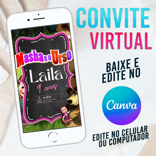 Masha e o Urso convite Editável no Canva. Convite Virtual Masha e o Urso. Convite Virtual Masha e o Urso Template Canva.