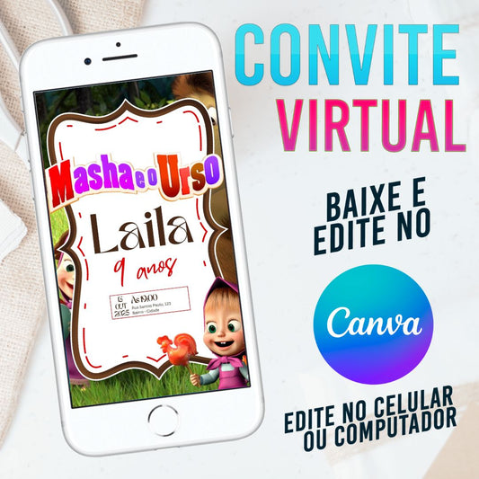 Masha e o Urso convite Editável no Canva. Convite Virtual Masha e o Urso. Convite Virtual Masha e o Urso Template Canva.