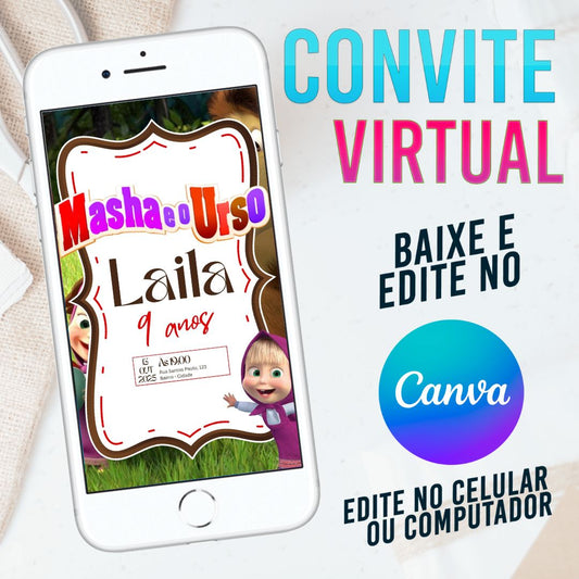 Masha e o Urso convite Editável no Canva. Convite Virtual Masha e o Urso. Convite Virtual Masha e o Urso Template Canva.