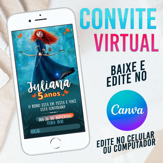 Merida Valente convite Editável no Canva. Convite Virtual Merida Valente. Convite Virtual Merida Valente Template Canva.
