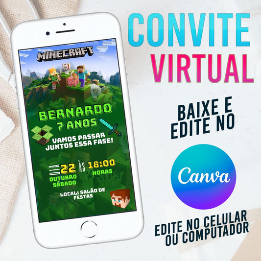 Minecraft convite Editável no Canva. Convite Virtual Minecraft. Convite Virtual Minecraft Template Canva.