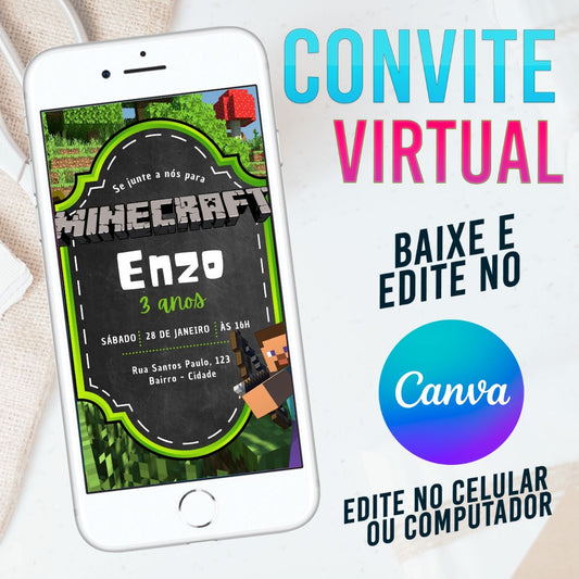 Minecraft convite Editável no Canva. Convite Virtual Minecraft. Convite Virtual Minecraft Template Canva.