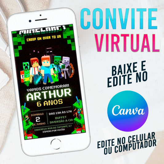 Minecraft convite Editável no Canva. Convite Virtual Minecraft. Convite Virtual Minecraft Template Canva.