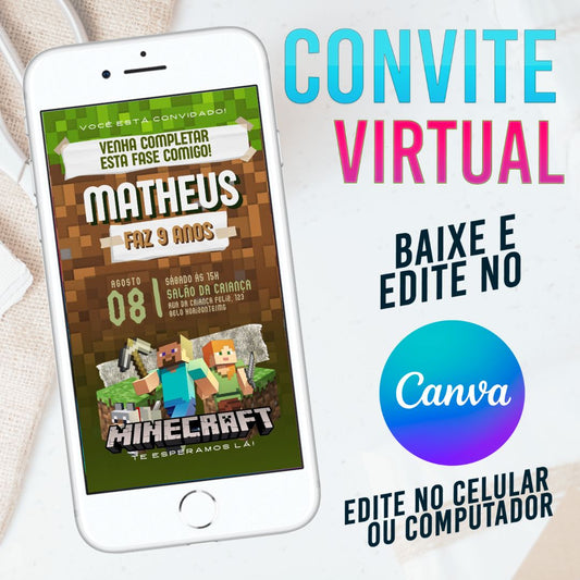 Convite Minecraft Mundo dos Blocos - Festa Gamer Épica Personalizada