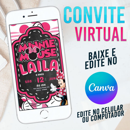 Minnie convite Editável no Canva. Convite Virtual Minnie. Convite Virtual Minnie Template Canva.
