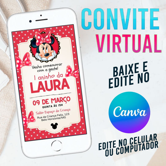 Minnie convite Editável no Canva. Convite Virtual Minnie. Convite Virtual Minnie Template Canva.